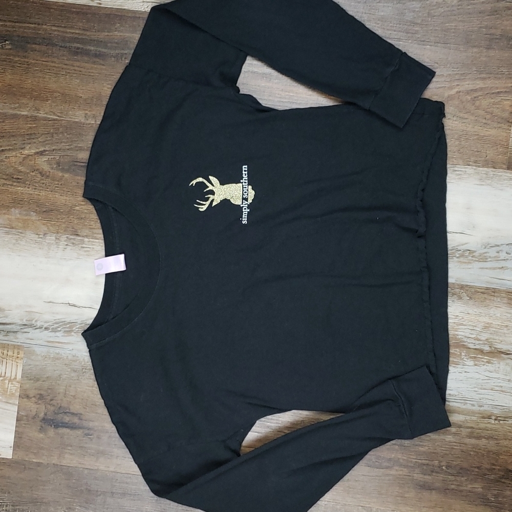 Simply Southern Black Cropped Hey Deer Long Sleeve Tee Size Small